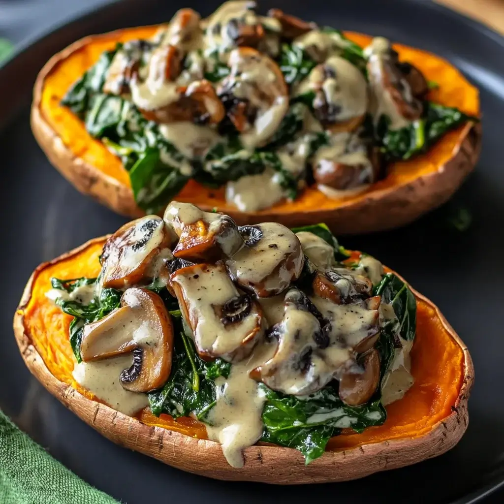 Creamy Mushroom and Spinach Stuffed Sweet Potatoes Delight!