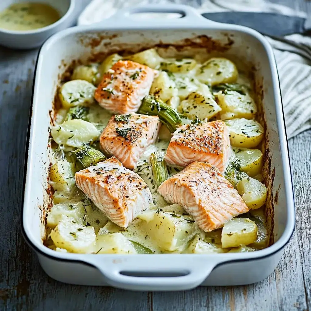 Creamy Salmon and Leek Potato Bake is a must-try dish!
