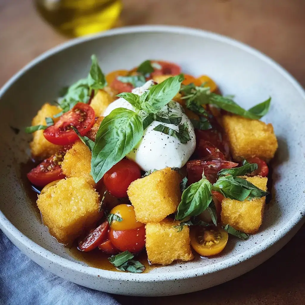 Fried Polenta Panzanella with Tomato, Basil, and Burrata is a must-try!