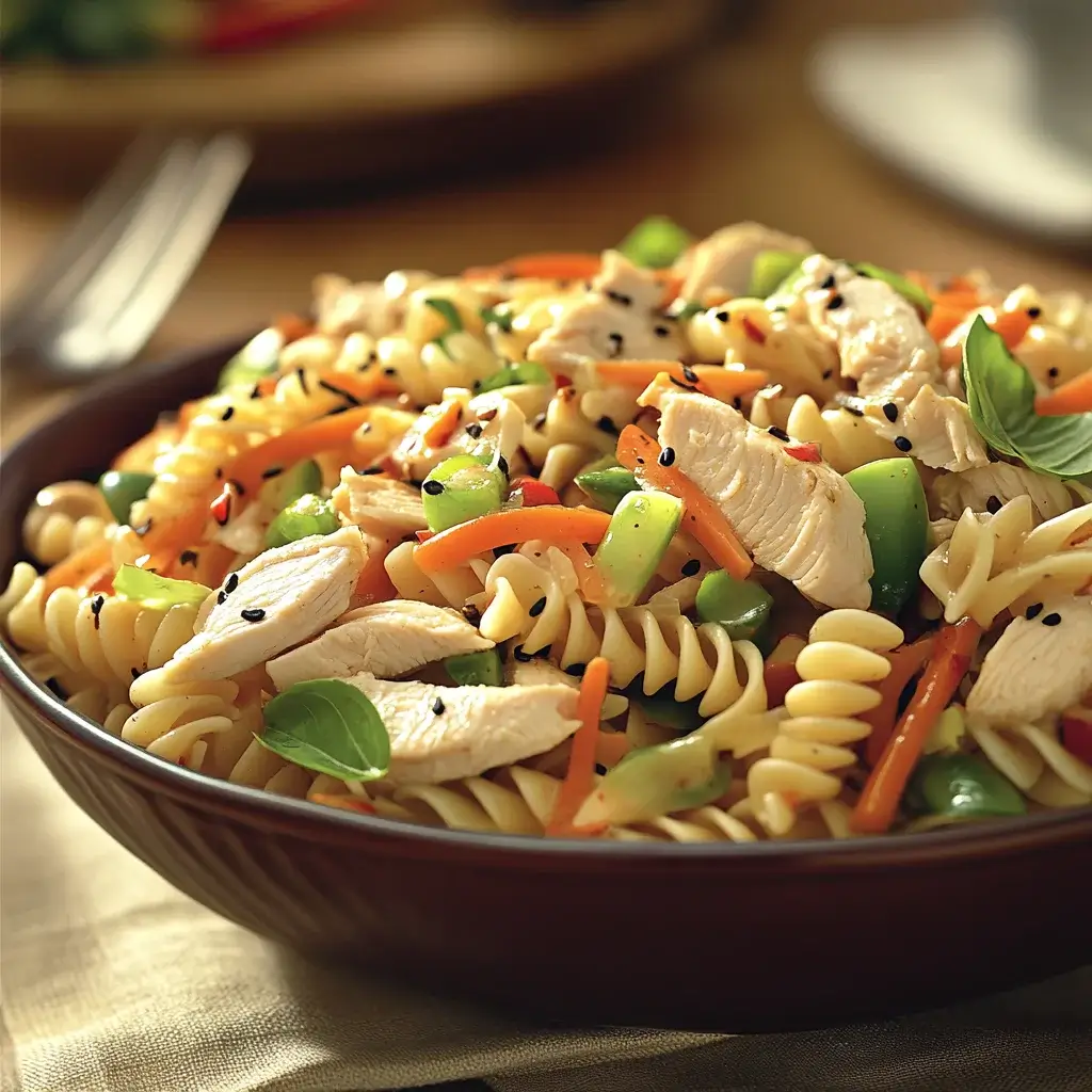 Chilled Asian Chicken Pasta Salad with Ginger Hoisin Dressing delights with fresh flavors!