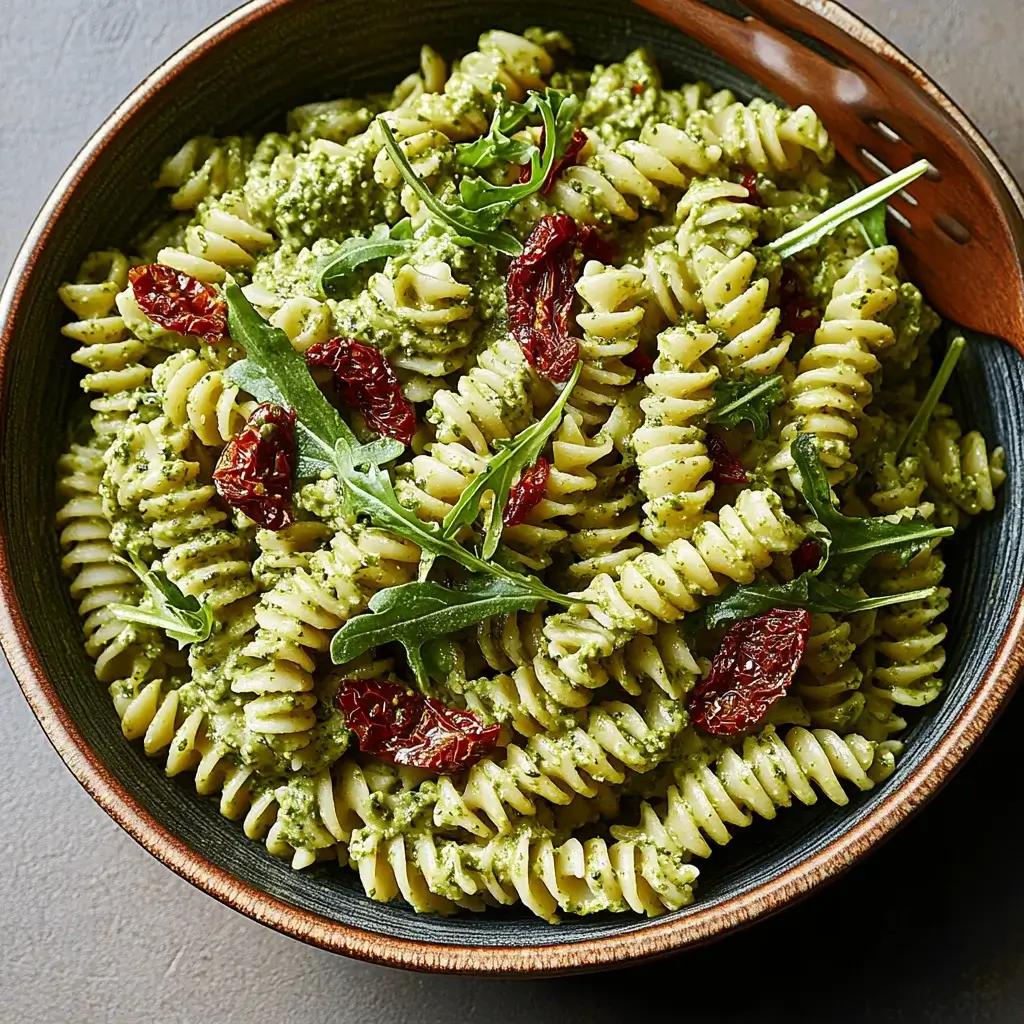 Creamy Pesto Radiatori Pasta with Arugula and Sun-Dried Tomatoes delights your taste buds!