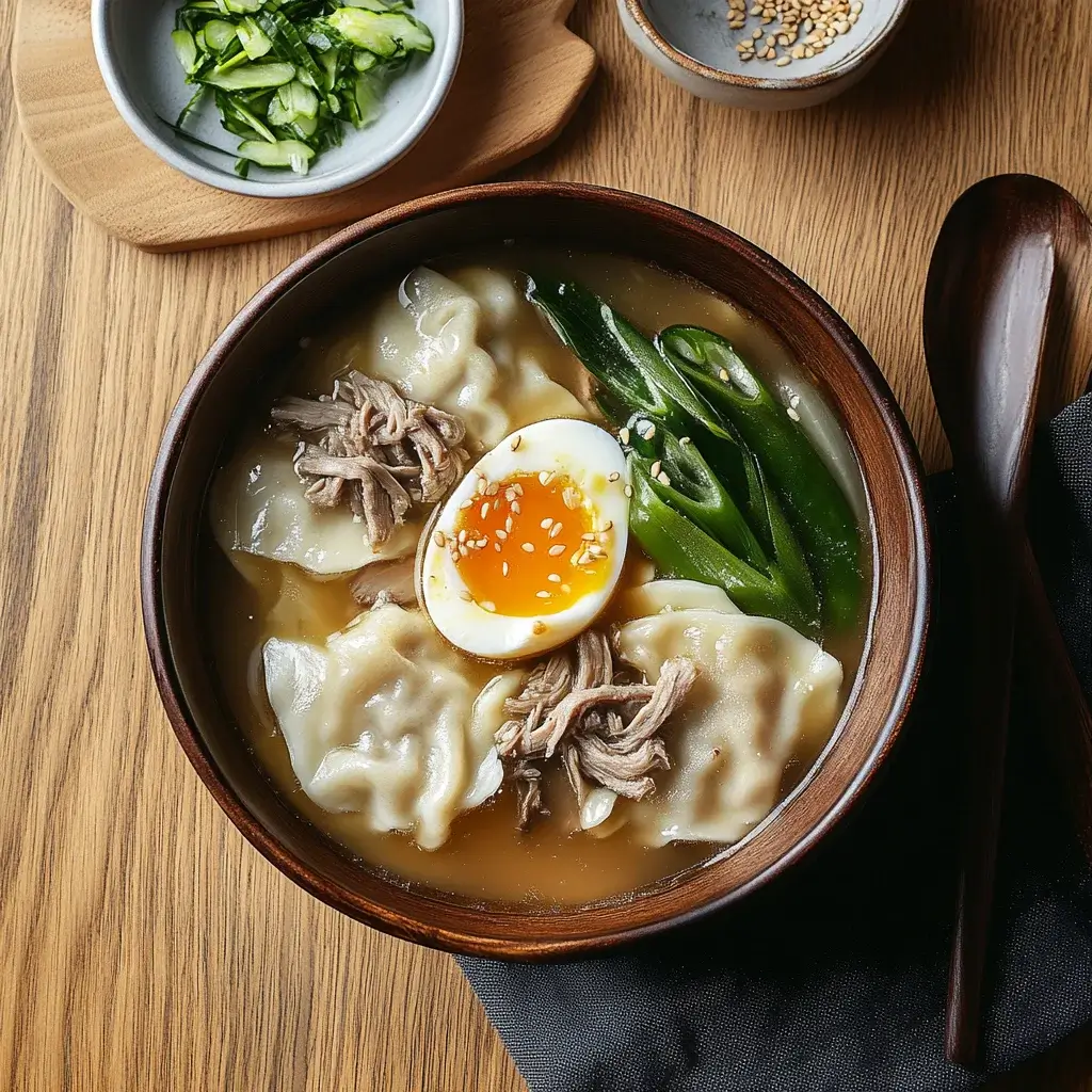 Savory Korean Dumpling Soup with Beef Broth and Egg Ribbons is a must-try!