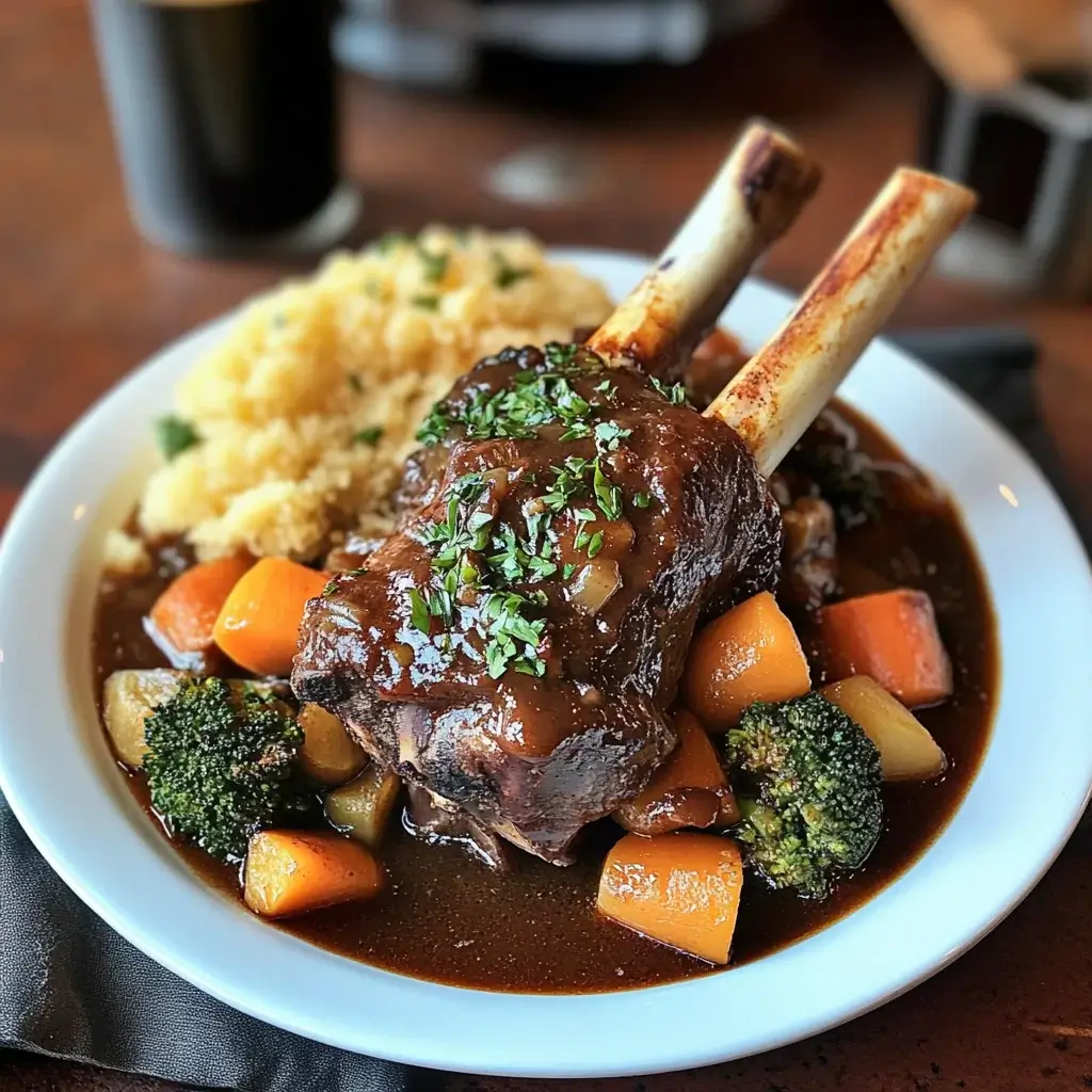 Succulent Stout-Braised Lamb Shanks with Aromatic Vegetables are a must-try dish!
