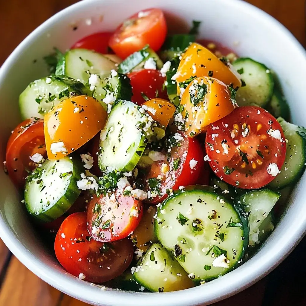 Rustic Summer Tomato Cucumber Medley with Garlic Herb Vinaigrette is a must-try!