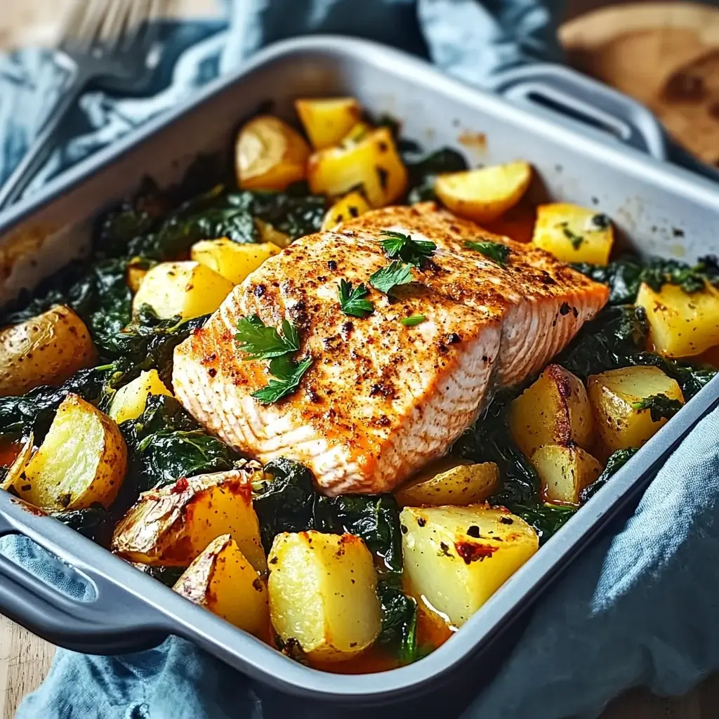 Aromatic Spiced Salmon with Spinach and Potato Traybake is a must-try!