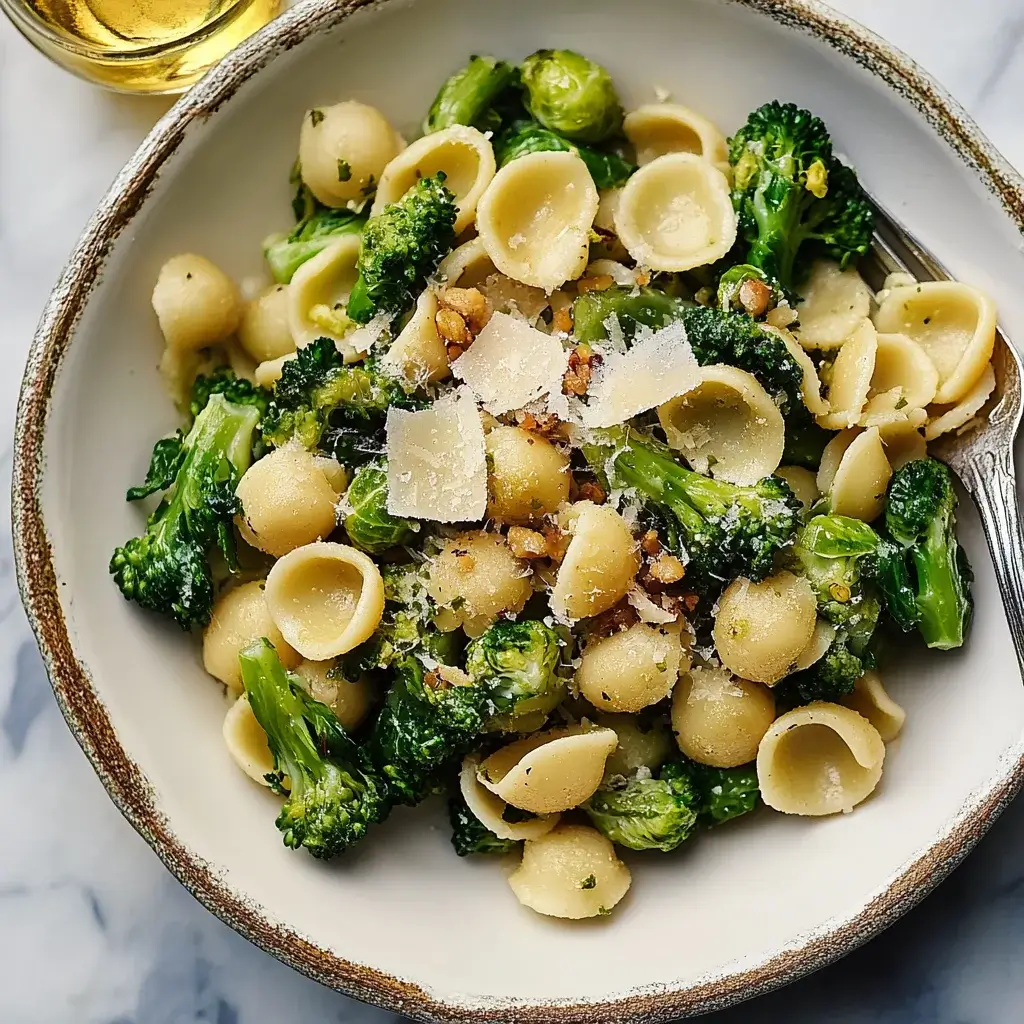 Orecchiette with Crispy Brussels Sprouts and Broccolini delights your taste buds!