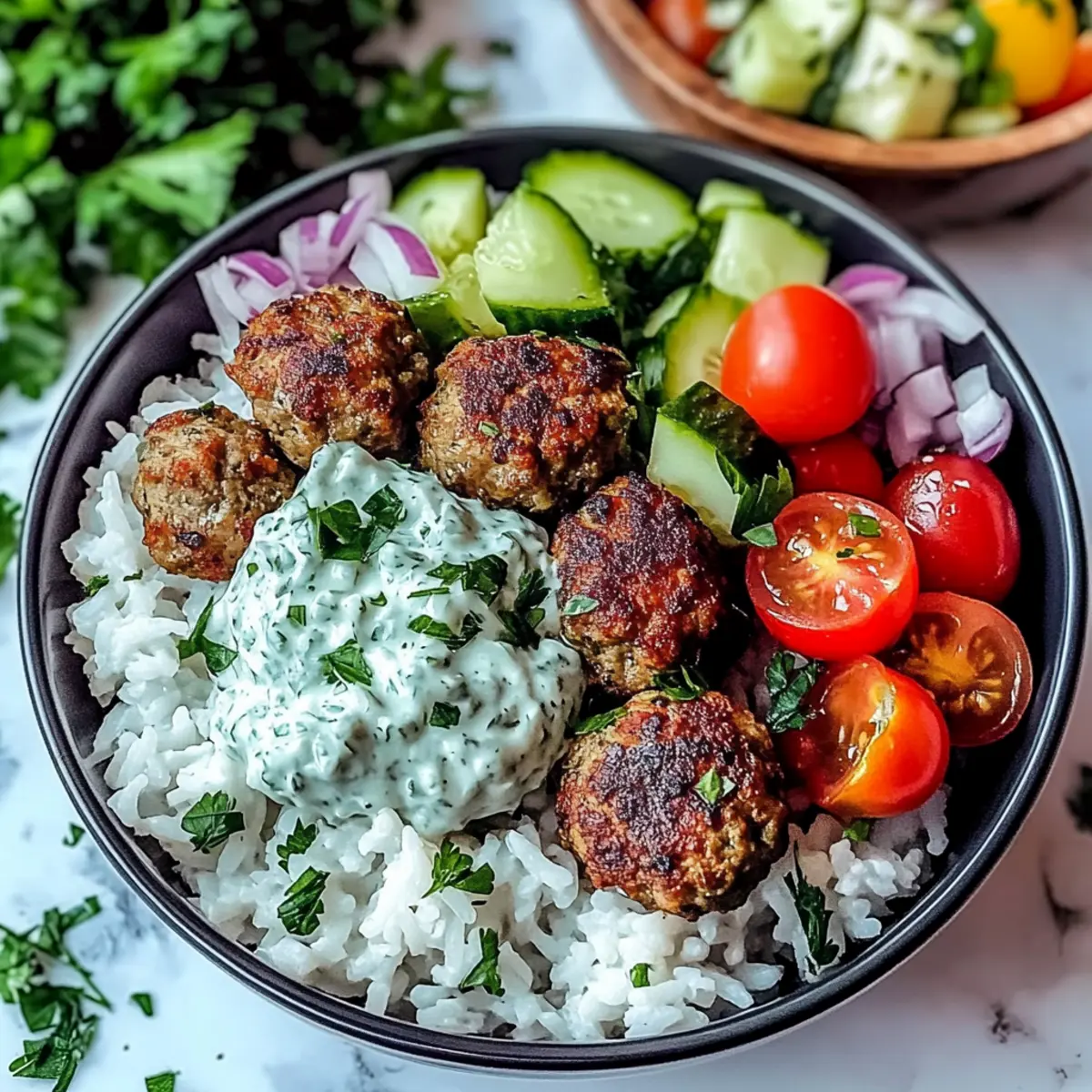 Greek Meatball Bowl with Tzatziki, Rice & Fresh Veggies Bliss