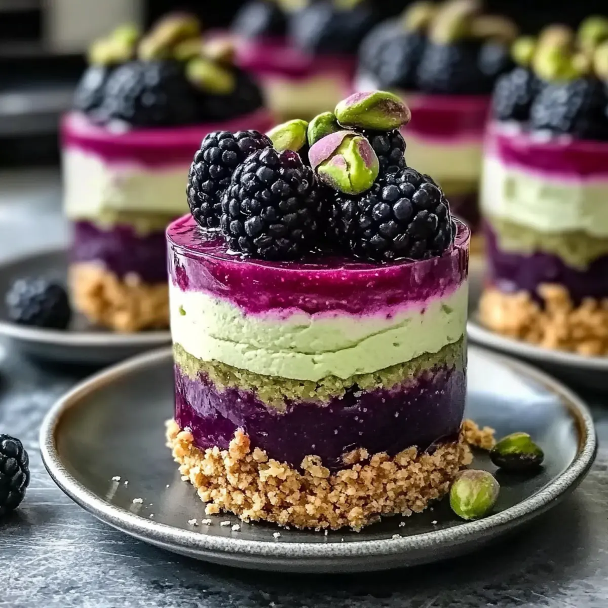 Easy No-Bake Pistachio Blackberry Cheesecake Towers to Wow You