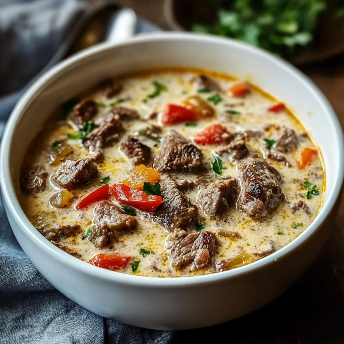 Warm and Cozy Creamy Philly Cheese Steak Soup Recipe