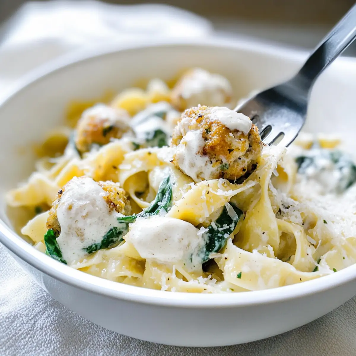 Savory Chicken Meatballs with Cheesy Spinach Pappardelle Delight